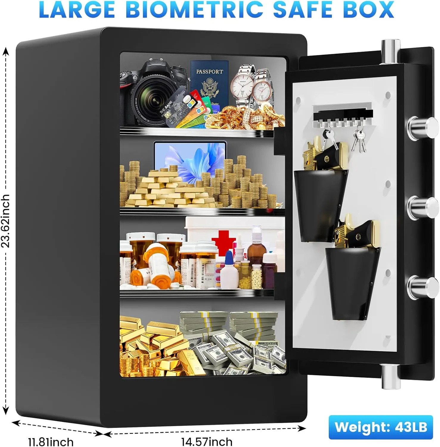 4.5 Cuft Large Biometric Fireproof Safe for Home Use, Quick-Access Fingerprint Safe Box with Fireproof Document Bag, 3 Removable Shelves and Dual Alert, Security Safety Box for Home Office