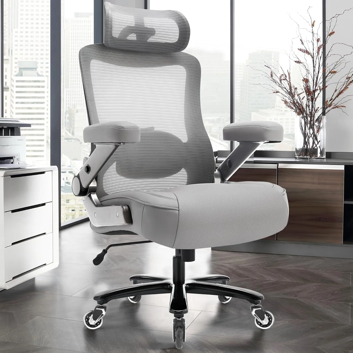 500lbs Big and Tall Office Chair- Heavy Duty Executive Computer Chair with 3D Flip Arms Large Wheels, Ergonomic Mesh High Back Desk Chair, Extra Wide Seat Adjustable Lumbar Support&Headrest