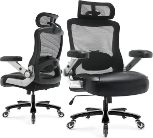 500lbs Big and Tall Office Chair- Heavy Duty Executive Computer Chair with 3D Flip Arms Large Wheels, Ergonomic Mesh High Back Desk Chair, Extra Wide Seat Adjustable Lumbar Support&Headrest