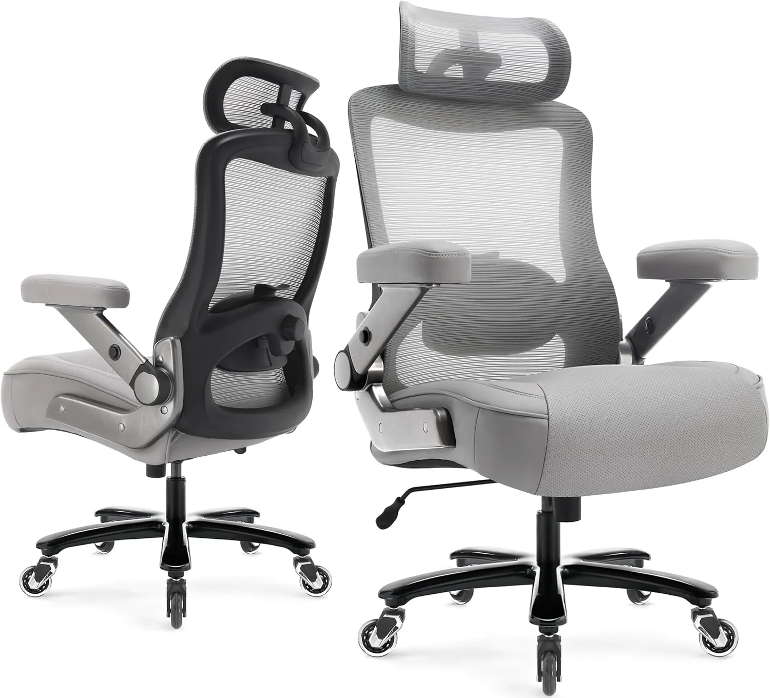 500lbs Big and Tall Office Chair- Heavy Duty Executive Computer Chair with 3D Flip Arms Large Wheels, Ergonomic Mesh High Back Desk Chair, Extra Wide Seat Adjustable Lumbar Support&Headrest