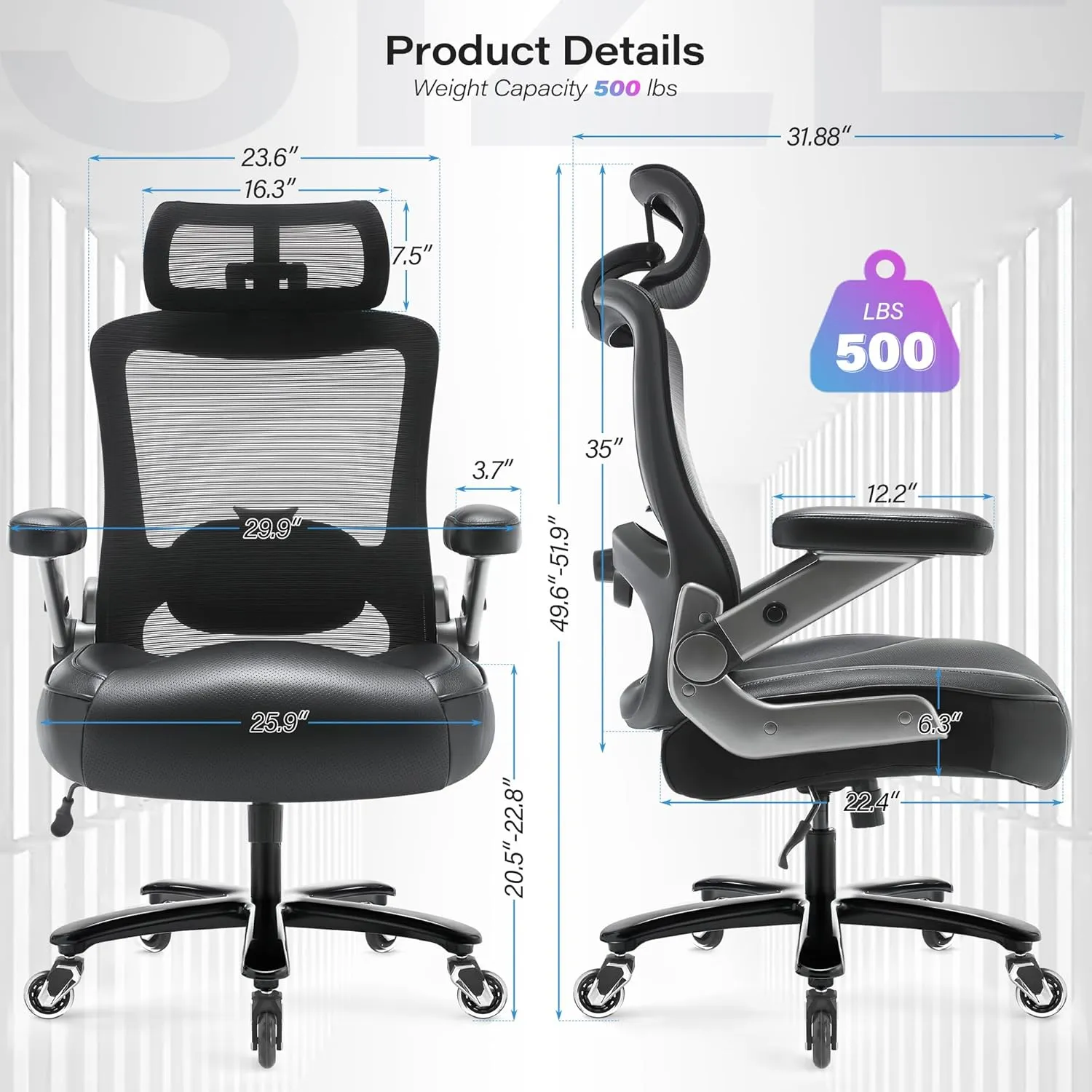 500lbs Big and Tall Office Chair- Heavy Duty Executive Computer Chair with 3D Flip Arms Large Wheels, Ergonomic Mesh High Back Desk Chair, Extra Wide Seat Adjustable Lumbar Support&Headrest