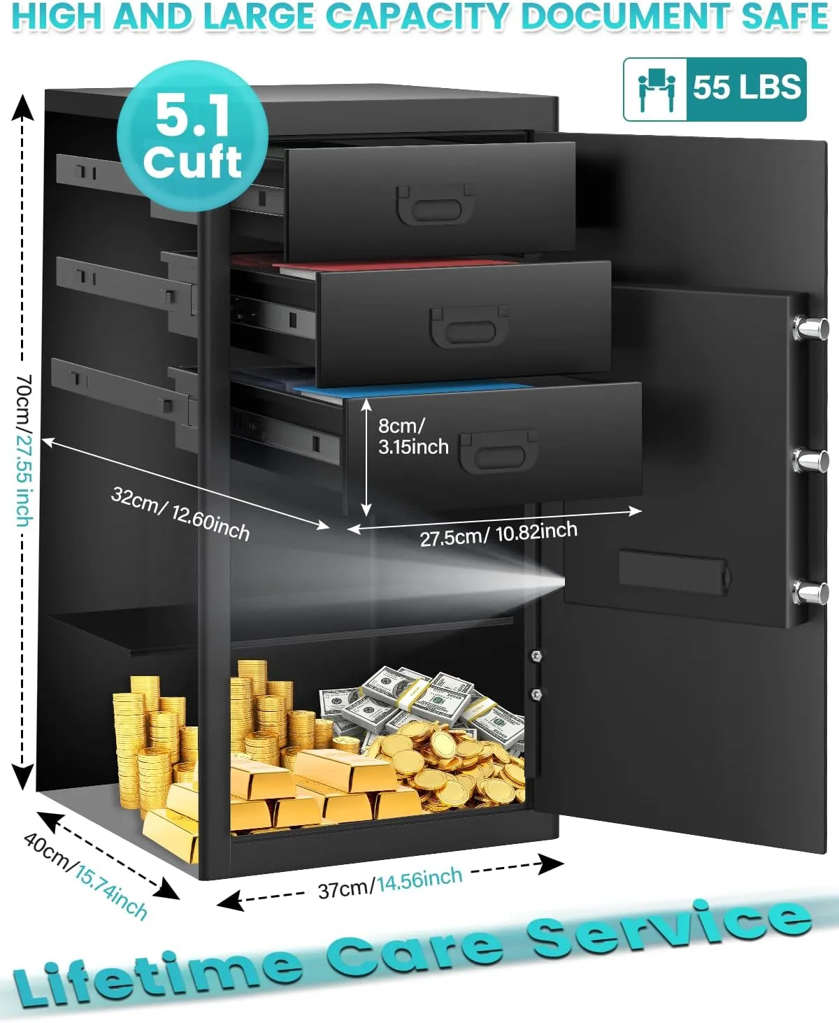 5.1 Cuft Extra Large Home Document Safe Box With 【2024NEW Removable Drawer】, Backlight Programmable Keypad, Smart Alert, Security Digital Office Safe Box For Business Money Jewelry Valuables