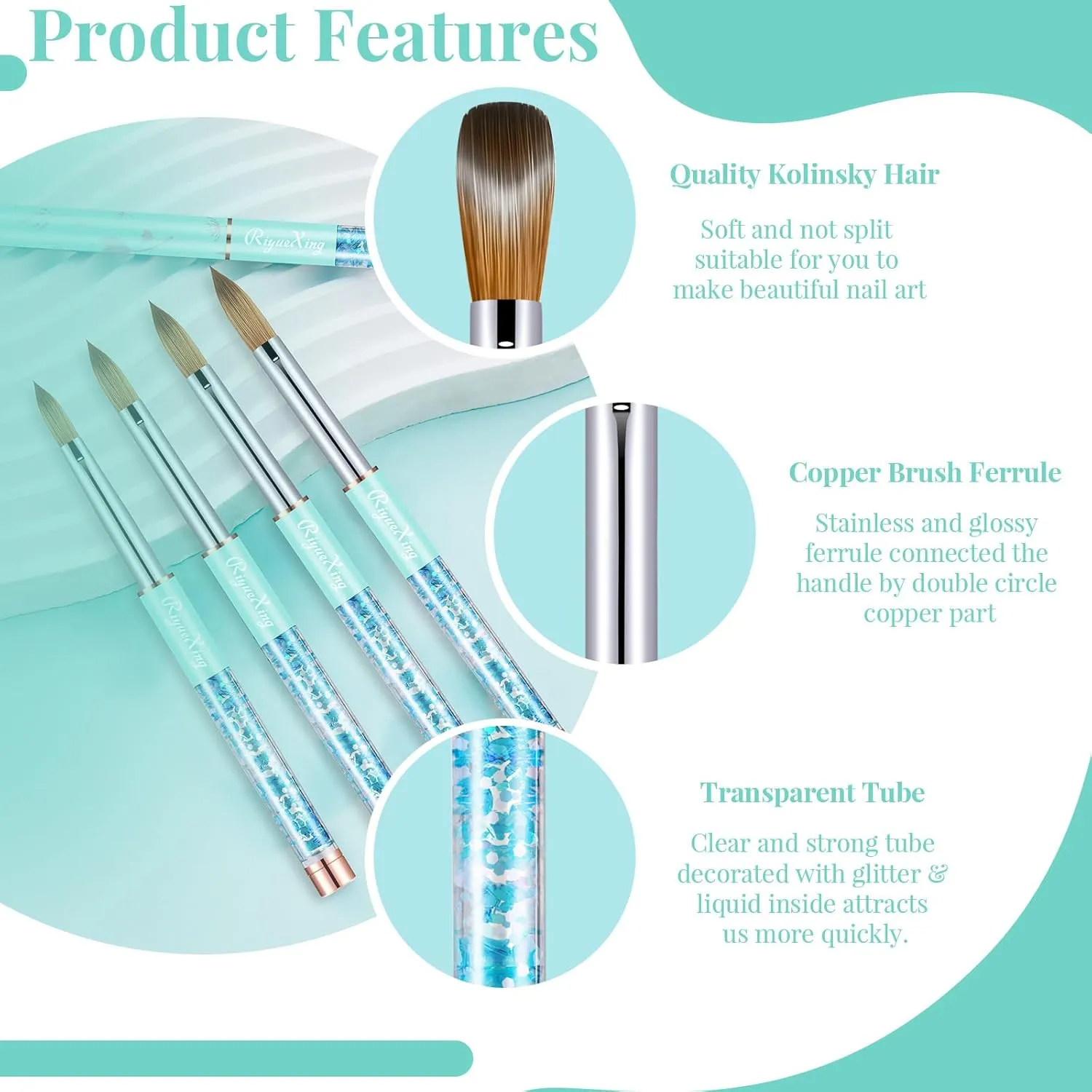 5PCS Acrylic Nail Brush Set, Size 4/8/12/14/16. Kolinsky Hair,Oval Crimped Pressed Shaped Acrylic Nail Brushes,Blue Metal Handle Acrylic Powder Brush Set Professional Manicure For DIY Home Salon