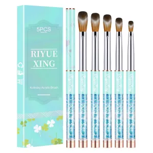 5PCS Acrylic Nail Brush Set, Size 4/8/12/14/16. Kolinsky Hair,Oval Crimped Pressed Shaped Acrylic Nail Brushes,Blue Metal Handle Acrylic Powder Brush Set Professional Manicure For DIY Home Salon