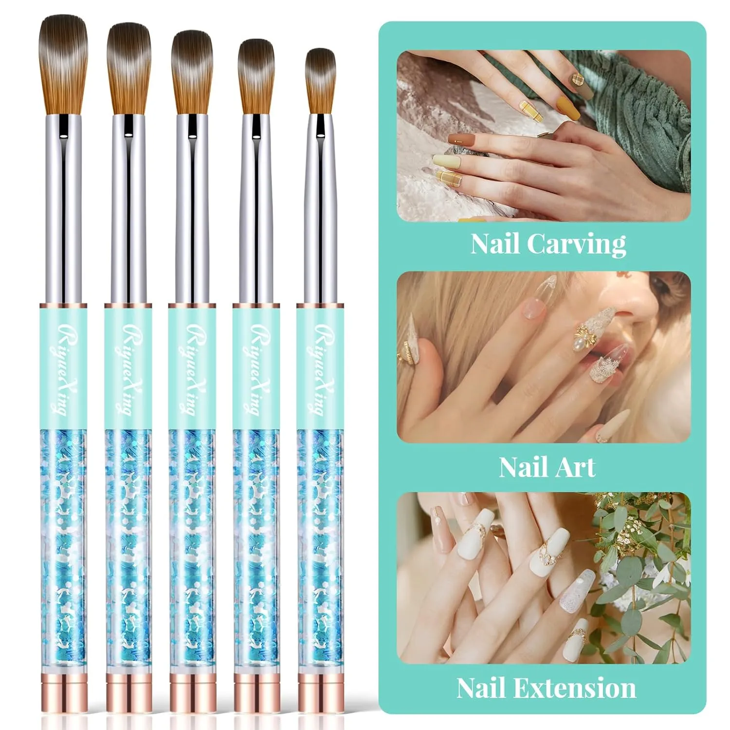 5PCS Acrylic Nail Brush Set, Size 4/8/12/14/16. Kolinsky Hair,Oval Crimped Pressed Shaped Acrylic Nail Brushes,Blue Metal Handle Acrylic Powder Brush Set Professional Manicure For DIY Home Salon
