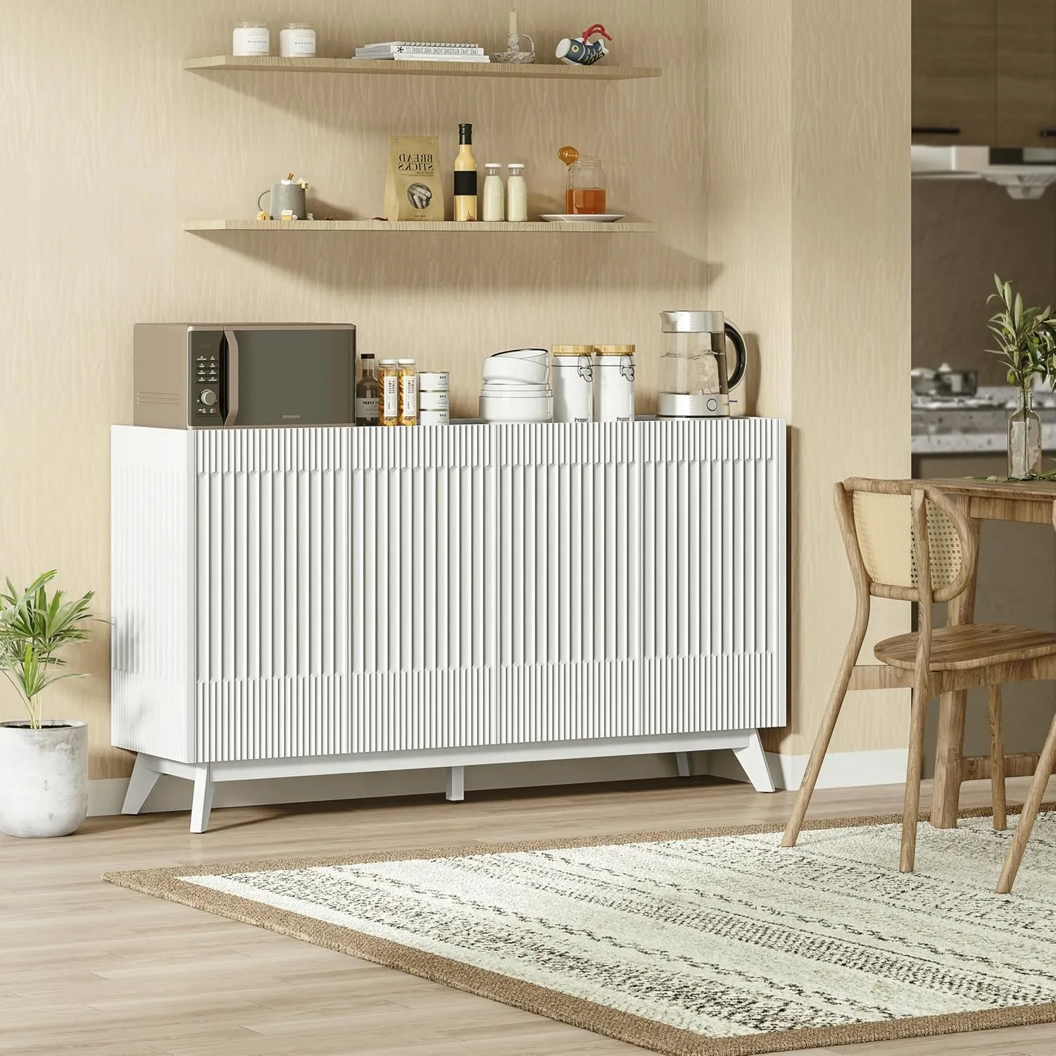 60" Length Fluted Sideboard Buffet Cabinet with Storage, Modern Credenza Accent Cabinet with 4 Doors, Wood Coffee Bar Media Console Cabinets for Kitchen Dining Living Room Entryway, White