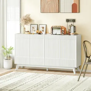 60" Length Fluted Sideboard Buffet Cabinet with Storage, Modern Credenza Accent Cabinet with 4 Doors, Wood Coffee Bar Media Console Cabinets for Kitchen Dining Living Room Entryway, White