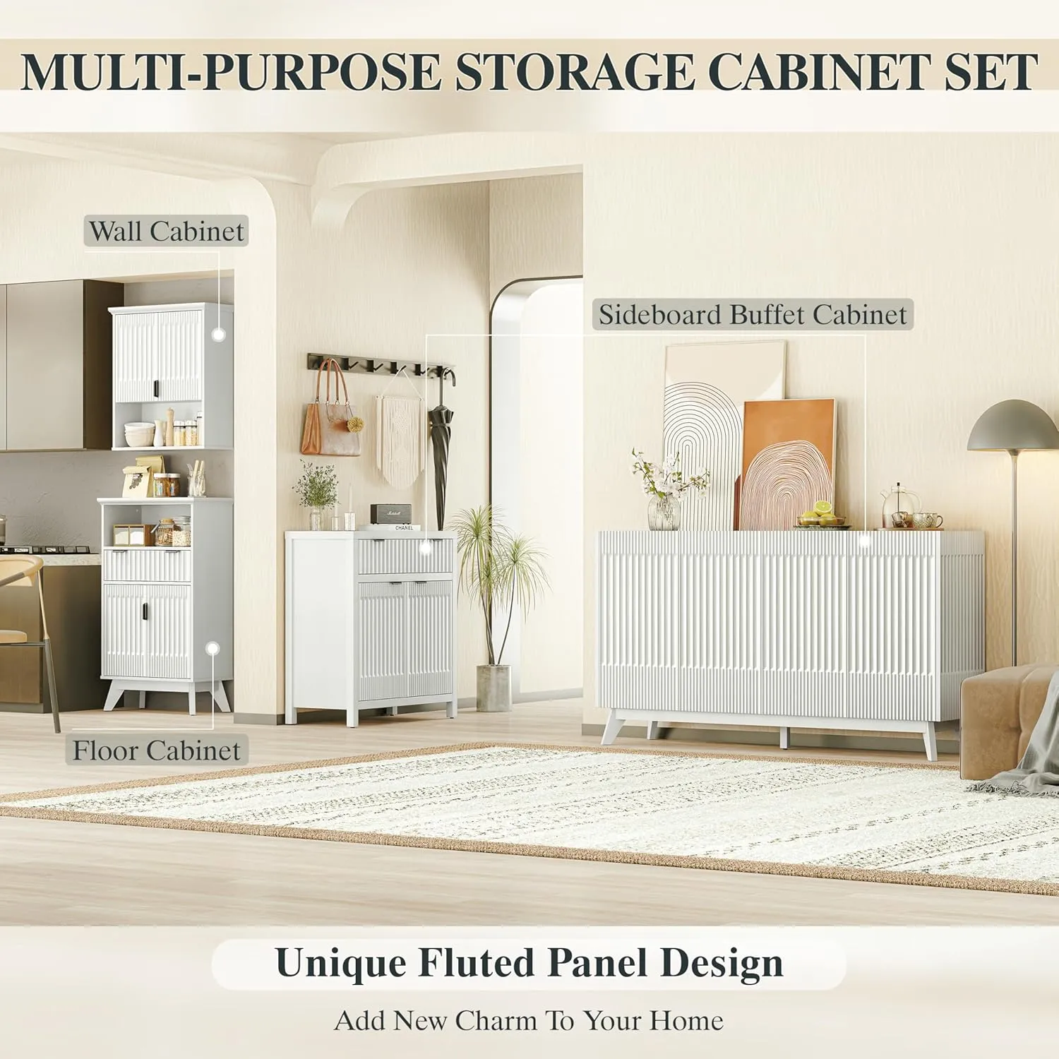 60" Length Fluted Sideboard Buffet Cabinet with Storage, Modern Credenza Accent Cabinet with 4 Doors, Wood Coffee Bar Media Console Cabinets for Kitchen Dining Living Room Entryway, White