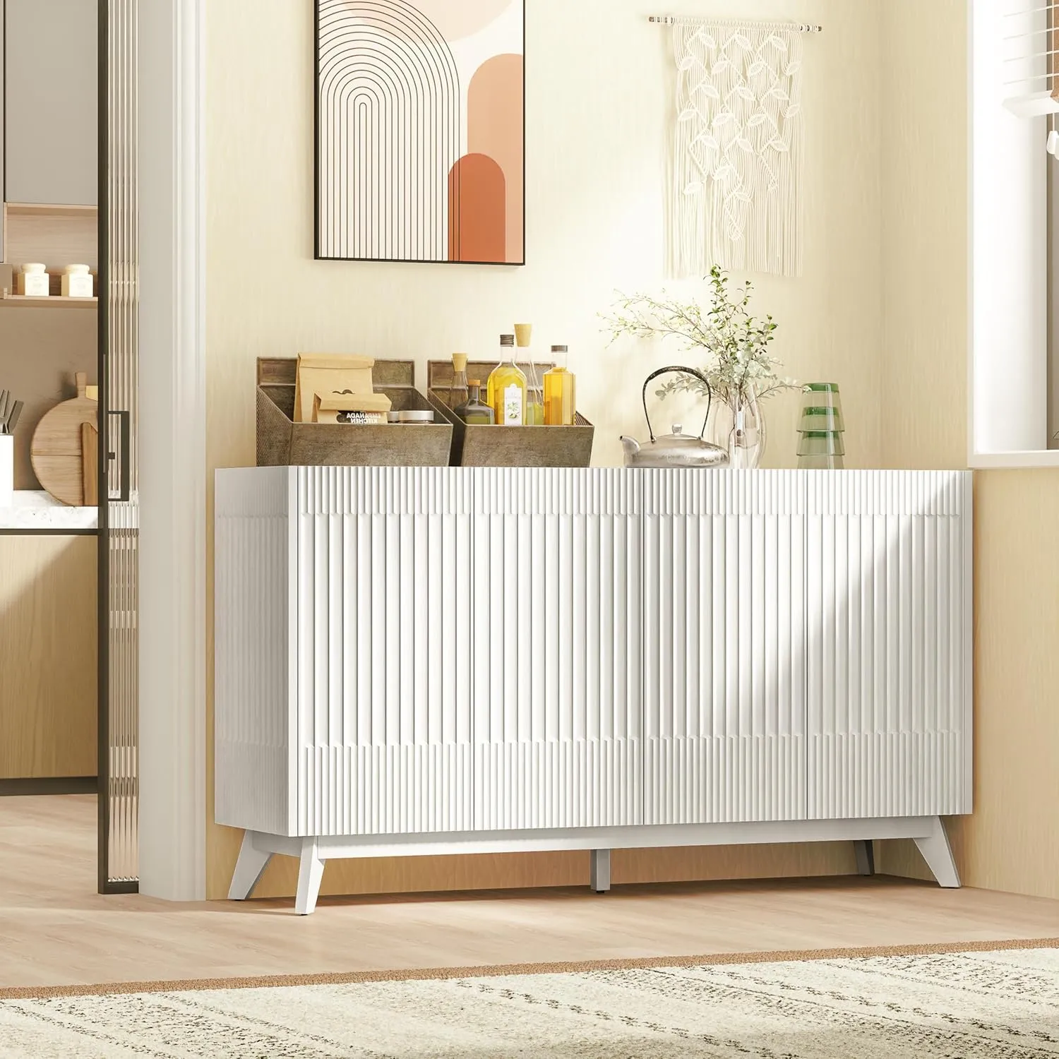 60" Length Fluted Sideboard Buffet Cabinet with Storage, Modern Credenza Accent Cabinet with 4 Doors, Wood Coffee Bar Media Console Cabinets for Kitchen Dining Living Room Entryway, White