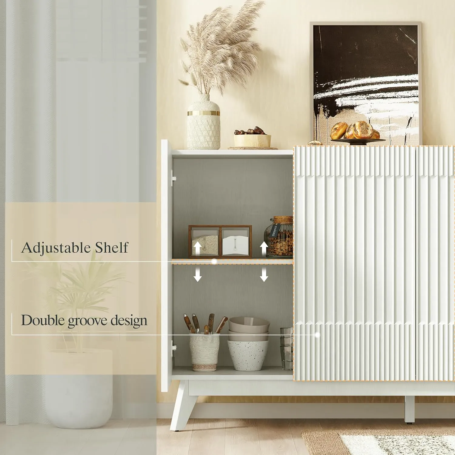 60" Length Fluted Sideboard Buffet Cabinet with Storage, Modern Credenza Accent Cabinet with 4 Doors, Wood Coffee Bar Media Console Cabinets for Kitchen Dining Living Room Entryway, White