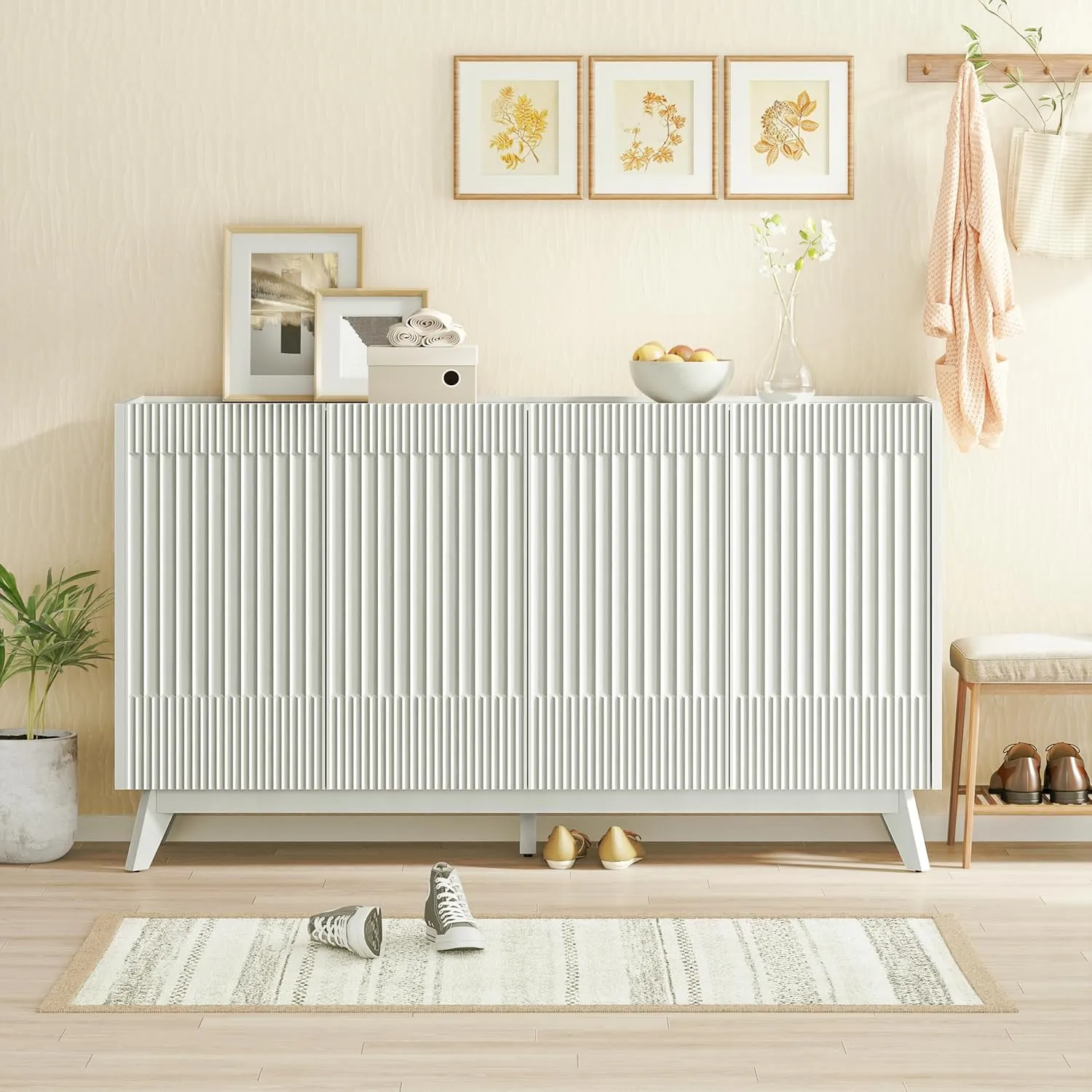 60" Length Fluted Sideboard Buffet Cabinet with Storage, Modern Credenza Accent Cabinet with 4 Doors, Wood Coffee Bar Media Console Cabinets for Kitchen Dining Living Room Entryway, White