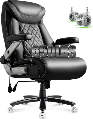 650lbs Big and Tall Office Chair with Thick Spring Cushion, 5D Flip Arm Ergonomic Executive Office Chair Adjustable Lumbar Airbag&Extra Wide, Comfy Large Padded Heavy Duty Game Chair Dual Rubber Wheel