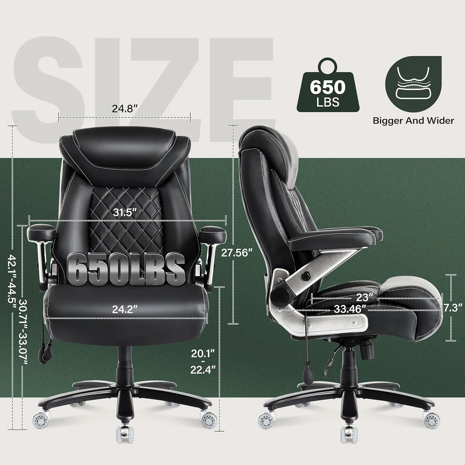 650lbs Big and Tall Office Chair with Thick Spring Cushion, 5D Flip Arm Ergonomic Executive Office Chair Adjustable Lumbar Airbag&Extra Wide, Comfy Large Padded Heavy Duty Game Chair Dual Rubber Wheel