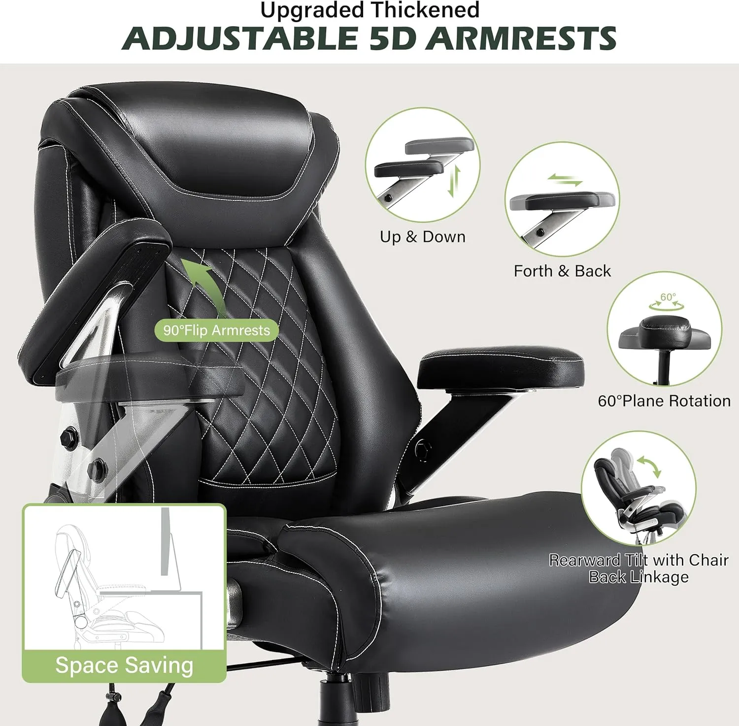 650lbs Big and Tall Office Chair with Thick Spring Cushion, 5D Flip Arm Ergonomic Executive Office Chair Adjustable Lumbar Airbag&Extra Wide, Comfy Large Padded Heavy Duty Game Chair Dual Rubber Wheel