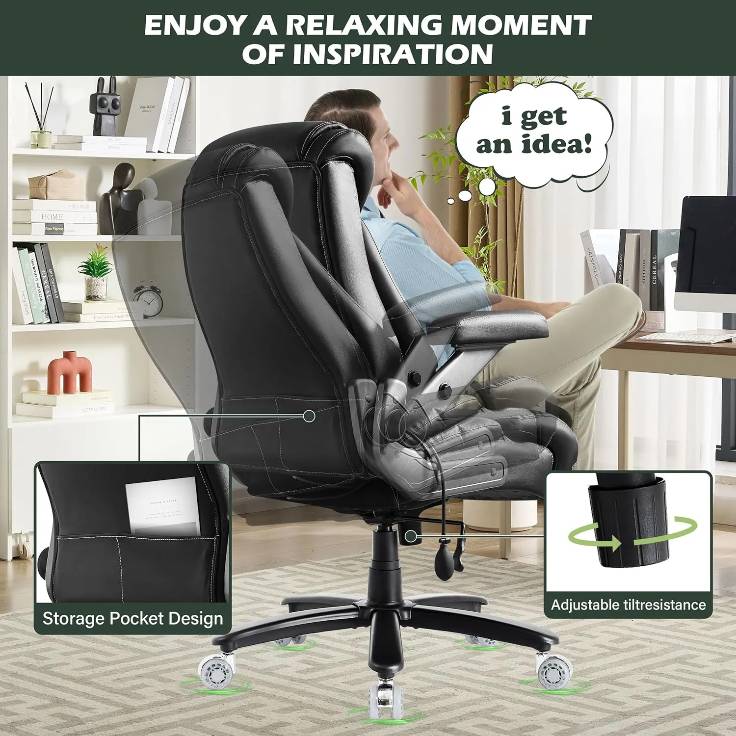 650lbs Big and Tall Office Chair with Thick Spring Cushion, 5D Flip Arm Ergonomic Executive Office Chair Adjustable Lumbar Airbag&Extra Wide, Comfy Large Padded Heavy Duty Game Chair Dual Rubber Wheel
