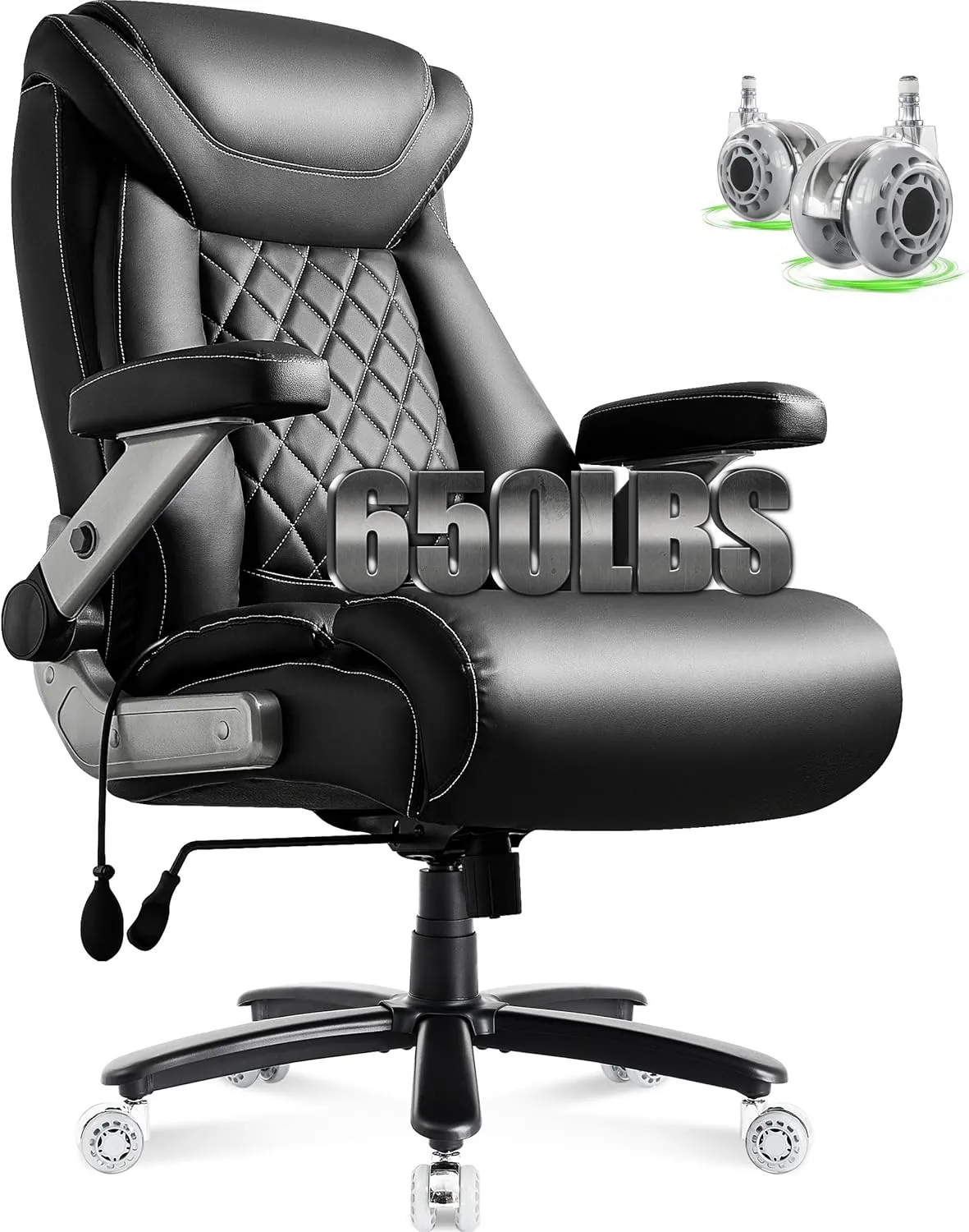 650lbs Big and Tall Office Chair with Thick Spring Cushion, 5D Flip Arm Ergonomic Executive Office Chair Adjustable Lumbar Airbag&Extra Wide, Comfy Large Padded Heavy Duty Game Chair Dual Rubber Wheel