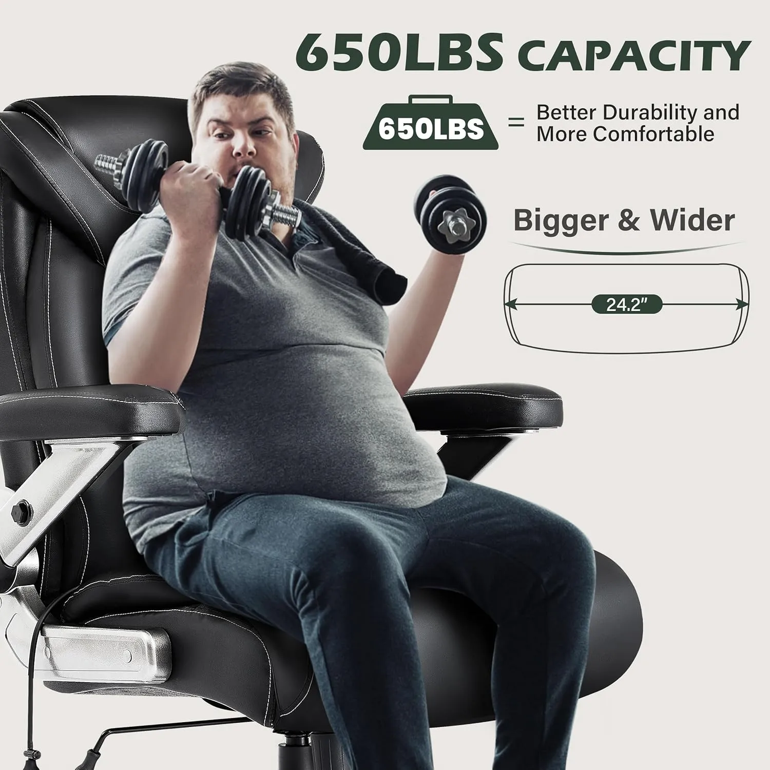 650lbs Big and Tall Office Chair with Thick Spring Cushion, 5D Flip Arm Ergonomic Executive Office Chair Adjustable Lumbar Airbag&Extra Wide, Comfy Large Padded Heavy Duty Game Chair Dual Rubber Wheel