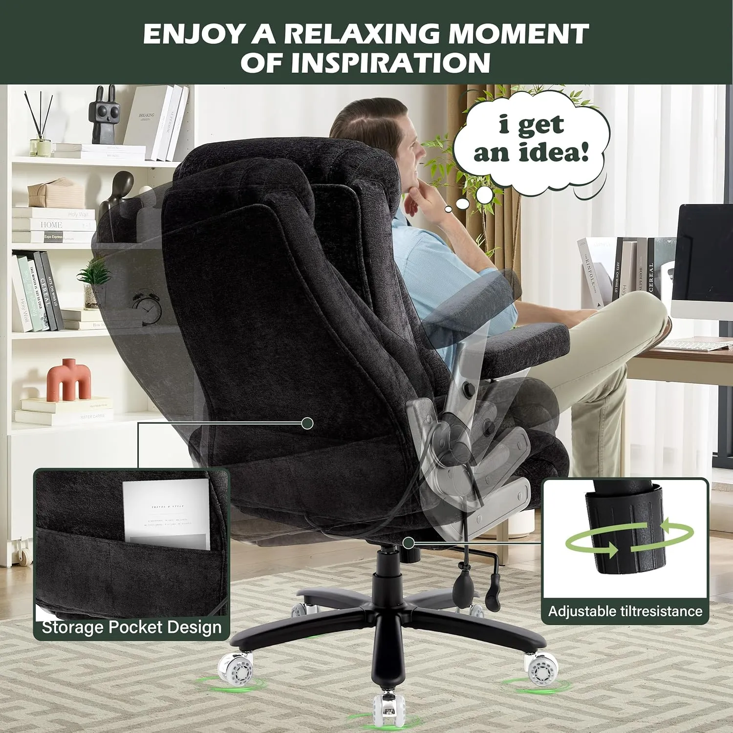 650lbs Big and Tall Office Chair with Thick Spring Cushion,5D Flip Arm Ergonomic Executive Office Chair Adjustable Lumbar Airbag&Extra Wide,Comfy Large Padded Heavy Duty Game Chair,Blackcloth