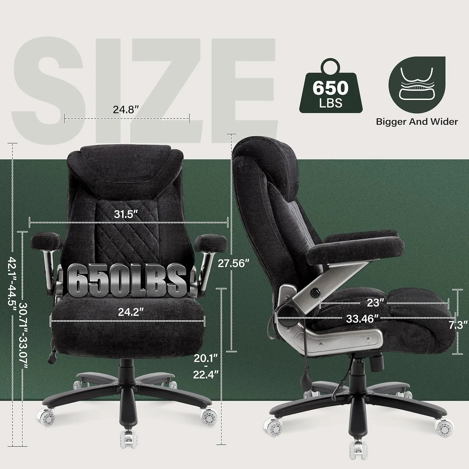 650lbs Big and Tall Office Chair with Thick Spring Cushion,5D Flip Arm Ergonomic Executive Office Chair Adjustable Lumbar Airbag&Extra Wide,Comfy Large Padded Heavy Duty Game Chair,Blackcloth