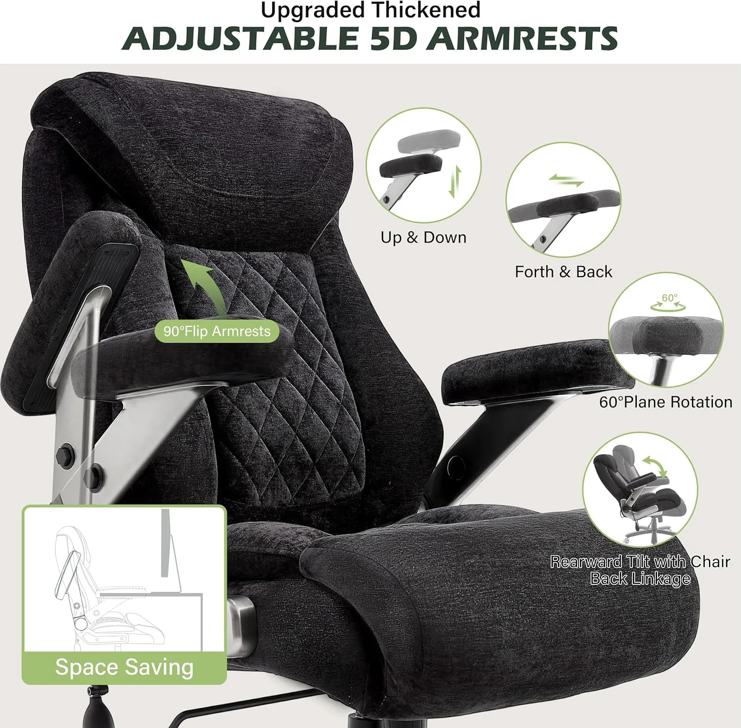 650lbs Big and Tall Office Chair with Thick Spring Cushion,5D Flip Arm Ergonomic Executive Office Chair Adjustable Lumbar Airbag&Extra Wide,Comfy Large Padded Heavy Duty Game Chair,Blackcloth
