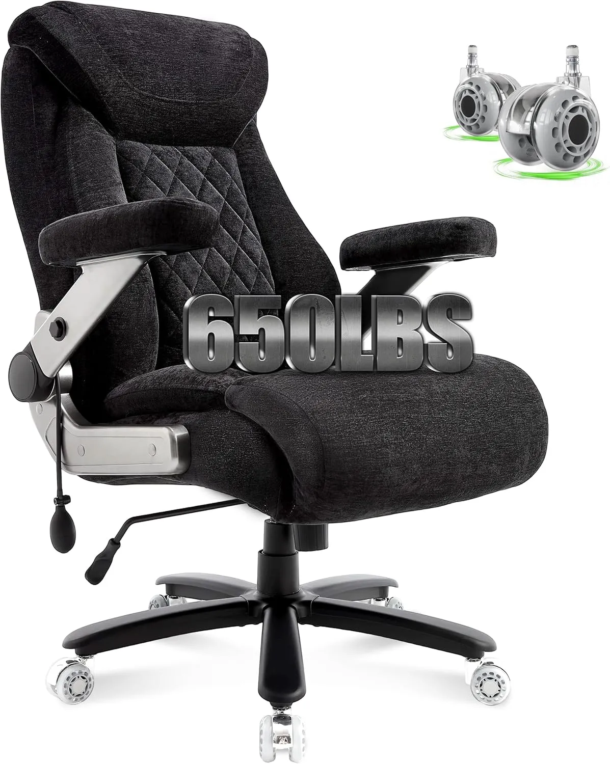 650lbs Big and Tall Office Chair with Thick Spring Cushion,5D Flip Arm Ergonomic Executive Office Chair Adjustable Lumbar Airbag&Extra Wide,Comfy Large Padded Heavy Duty Game Chair,Blackcloth