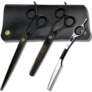 7" Black Saki Shears Katana Set of Professional Hair Scissors for Professional Use - Includes Cutting Scissors, Thinning Shears, Razor and Leather Case (7" Set of Hair Shears)