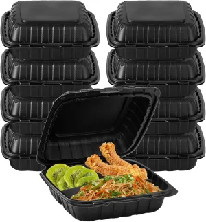 8" X 8" 3-Compartment To Go Food Take Out Containers Boxes With Lids | 50 Pack Microwaveable Black Mineral-Filled Disposable Togo Plates Clamshell Containers With Dividers For Lunch Home Carry Away