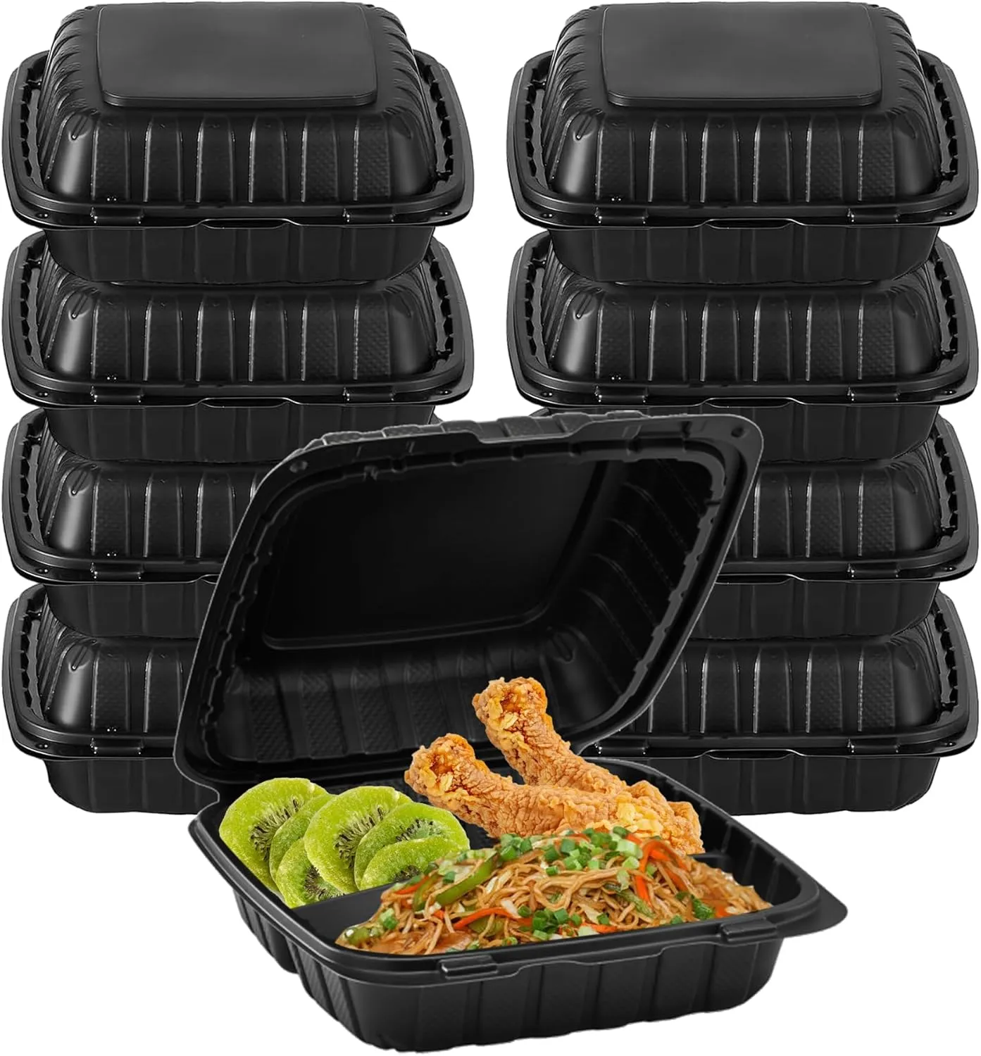 8" X 8" 3-Compartment To Go Food Take Out Containers Boxes With Lids | 50 Pack Microwaveable Black Mineral-Filled Disposable Togo Plates Clamshell Containers With Dividers For Lunch Home Carry Away