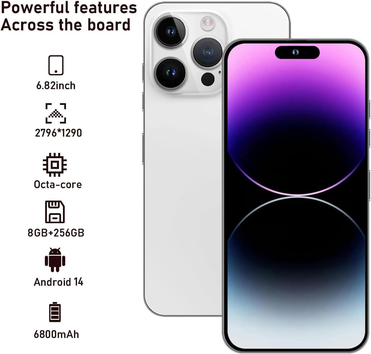 A15 Pro Max Cell Phones,Android 14.0 Unlocked Phone,8 256GB Smartphone,Support Dual SIM Dual Standby Face Recognition 6800mAh Ultra Long Life Battery-White