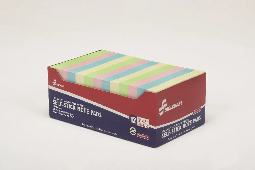 AbilityOne® Self-Stick Note Pad, Plain, 100 Sheets, 2" x 3", Assorted Pastel