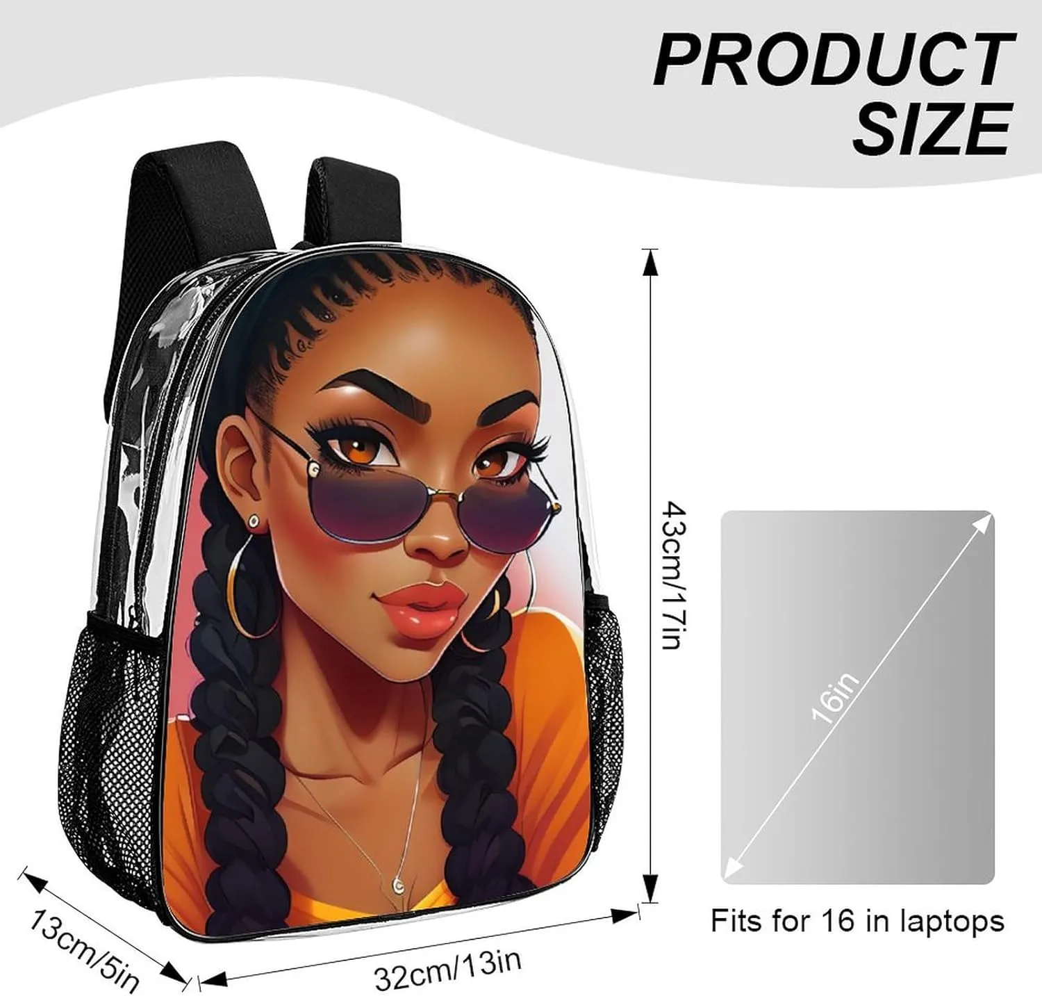 Abstract Black Women African American Women Art Rucksack Transparent Anti-Theft Multipurpose Bookbag Big Capacity Travel and Sport Backpack Rucksack With Side Pockets
