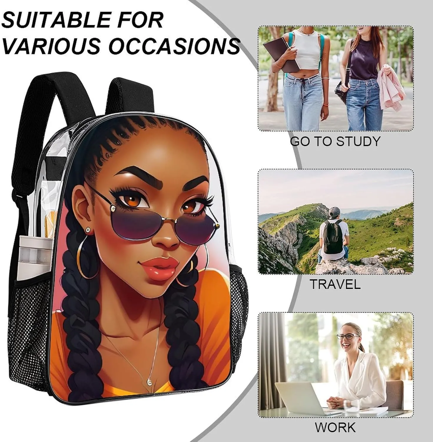 Abstract Black Women African American Women Art Rucksack Transparent Anti-Theft Multipurpose Bookbag Big Capacity Travel and Sport Backpack Rucksack With Side Pockets