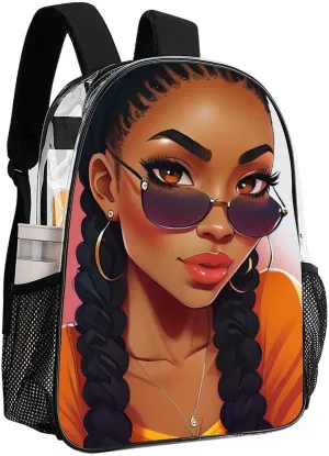 Abstract Black Women African American Women Art Rucksack Transparent Anti-Theft Multipurpose Bookbag Big Capacity Travel and Sport Backpack Rucksack With Side Pockets