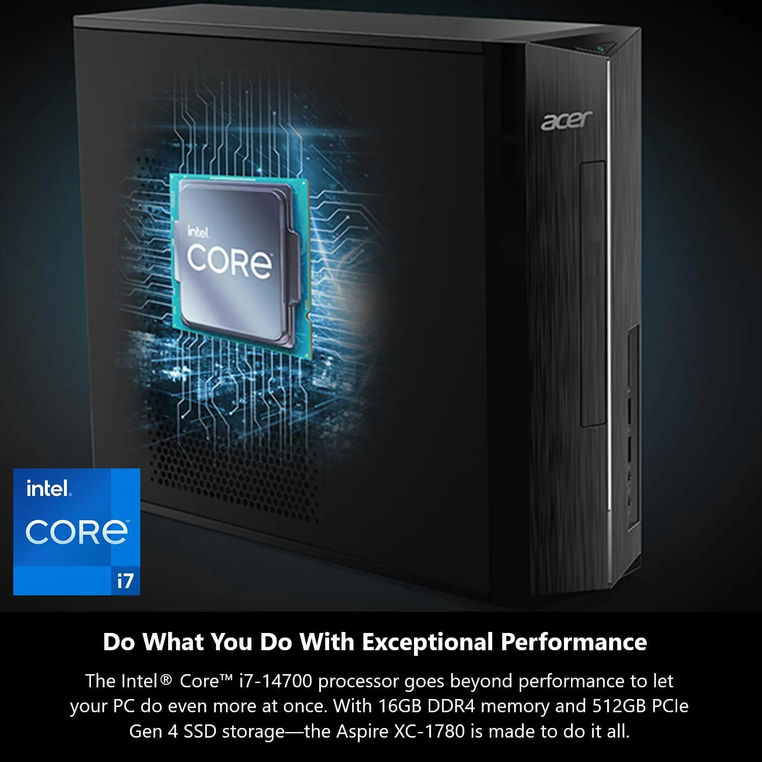 Acer Aspire XC-1780-UA93 Desktop | Intel Core i7-14700 20-Core Processor (Up to 5.4GHz) | 16GB 3200MHz DDR4 RAM | 512GB PCIe Gen 4 SSD | SD Card Reader | Intel Wi-Fi 6E AX211 | Windows 11 Professional