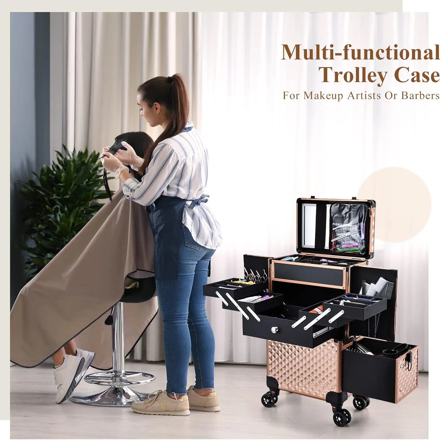 Adazzo Professional Makeup Artist Rolling Train Case Multi-functional Cosmetic Train Case Large Trolley Storage Case for Nail Technicians Cosmetology Case for Hairstylist Rose Gold