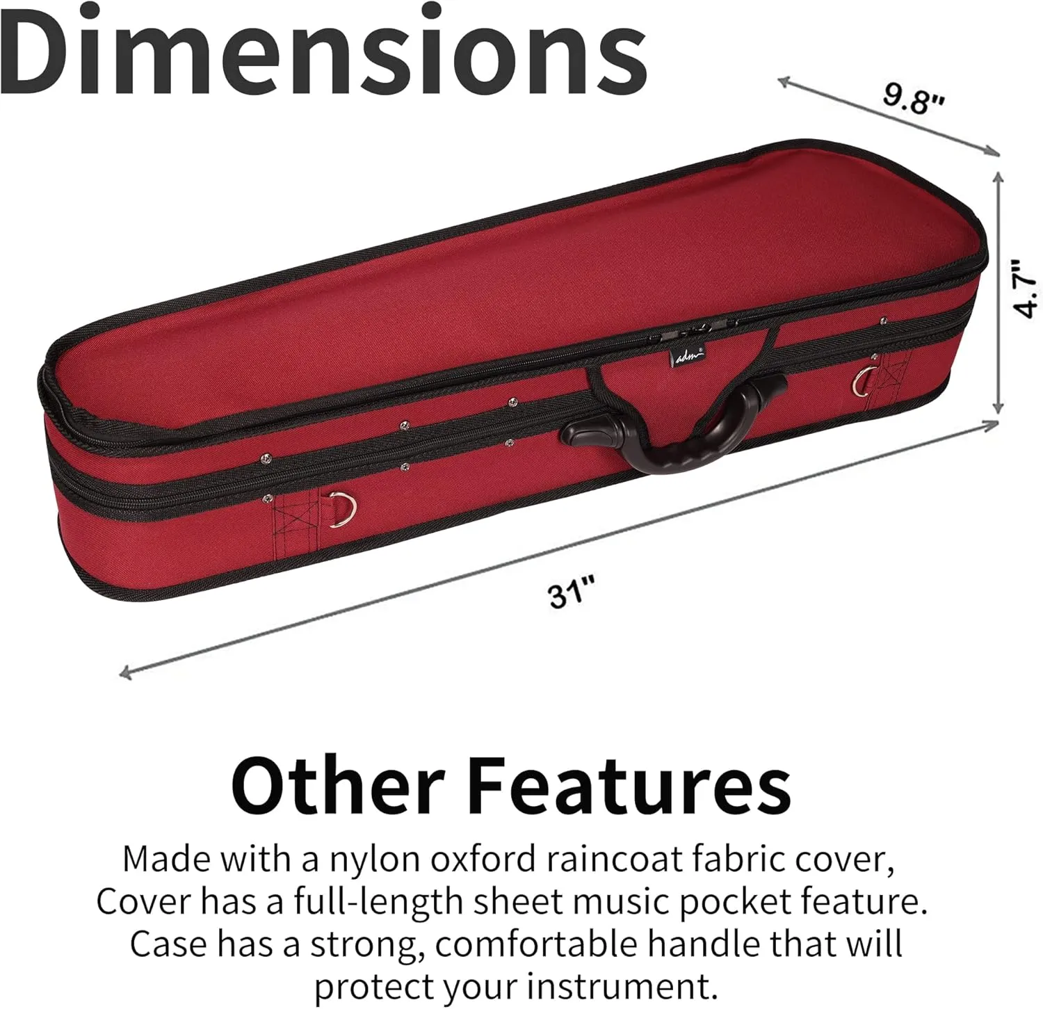 adm 4/4 Full Size Violin Hard Case Basic Professional Triangular Shape Backpack, Super Light Suspension (Wine Red)