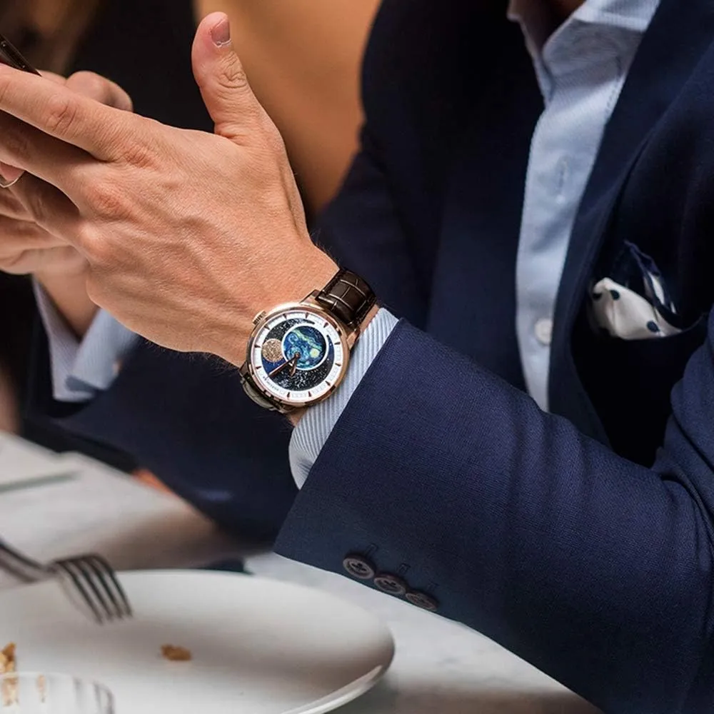 AGELOCER Men's Top Brand Blue Moon Phase Dress Automatic Mechanical Stainless Steel Fashion Luxury Watch