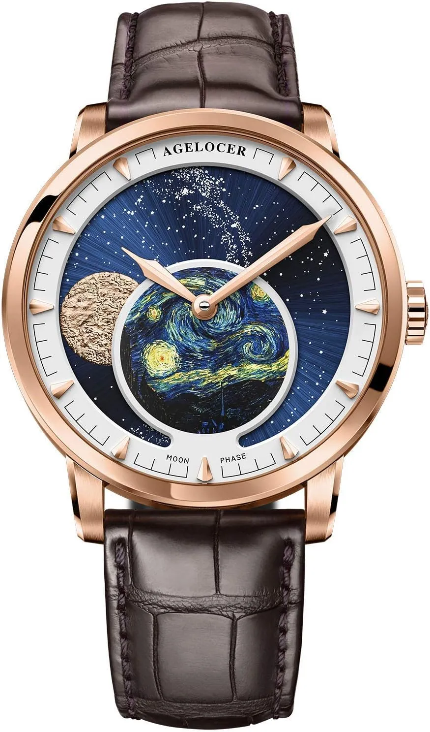 AGELOCER Men's Top Brand Blue Moon Phase Dress Automatic Mechanical Stainless Steel Fashion Luxury Watch