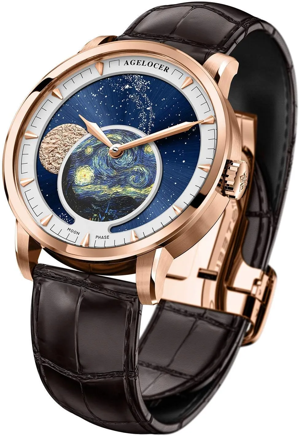 AGELOCER Men's Top Brand Blue Moon Phase Dress Automatic Mechanical Stainless Steel Fashion Luxury Watch