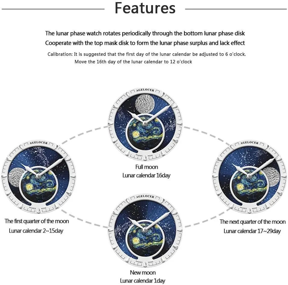 AGELOCER Men's Top Brand Blue Moon Phase Dress Automatic Mechanical Stainless Steel Fashion Luxury Watch