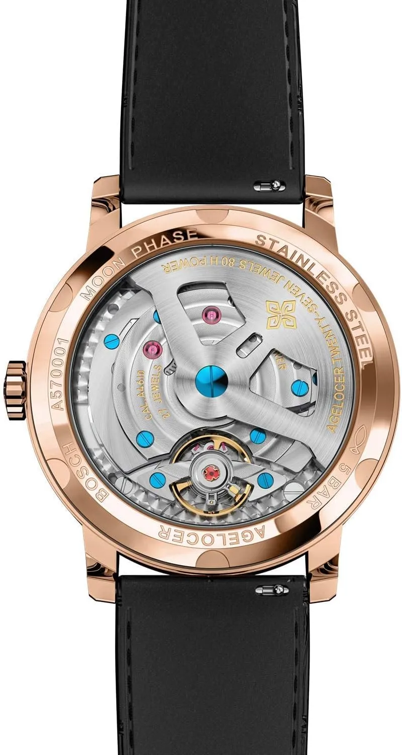 AGELOCER Men's Top Brand Blue Moon Phase Dress Automatic Mechanical Stainless Steel Fashion Luxury Watch