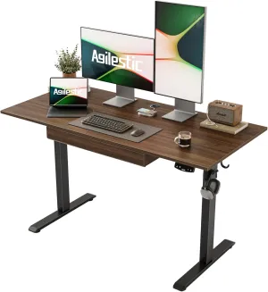 Agilestic Adjustable Height Electric Standing Desk with Storage Wooden Drawer, 48 x 24 Inches Stand Up Home Office Computer Gaming Table with Splice Board for Work Office Home, Dark Walnut
