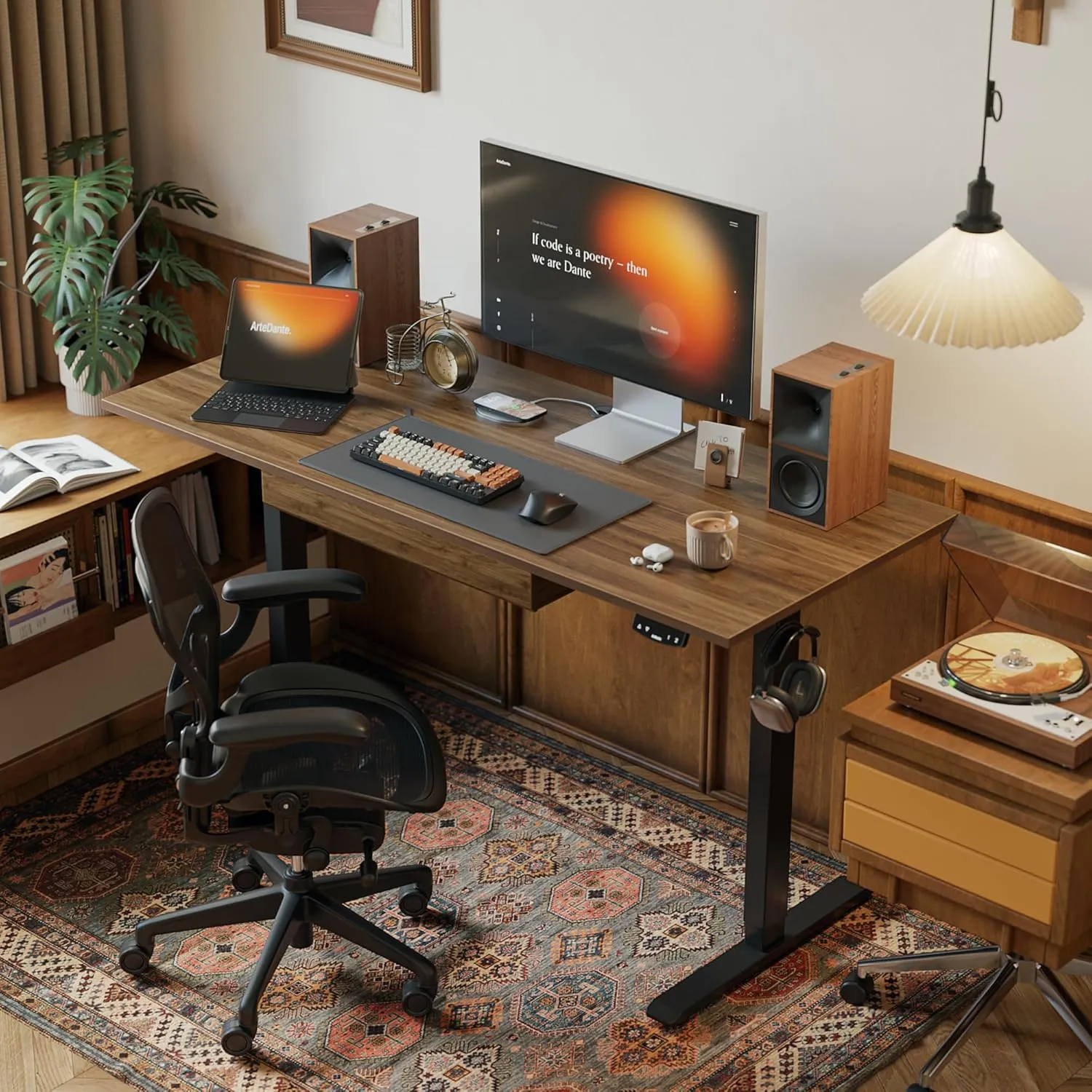 Agilestic Adjustable Height Electric Standing Desk with Storage Wooden Drawer, 48 x 24 Inches Stand Up Home Office Computer Gaming Table with Splice Board for Work Office Home, Dark Walnut