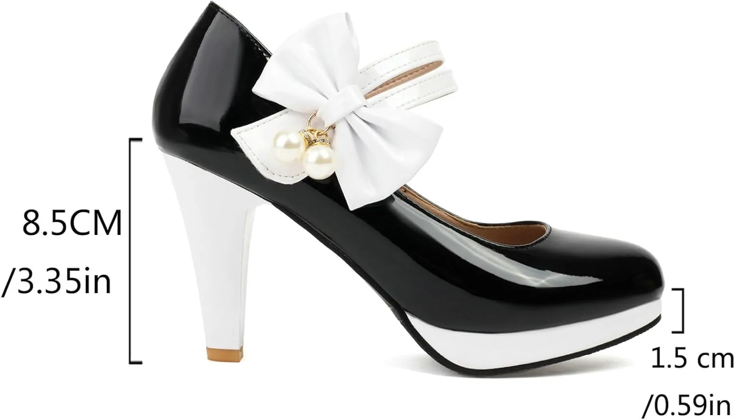 AIMODOR Mary Jane Shoes Women Block High Heel Round Toe Platform Sweet Bow Patent Leather Ankle Strap Dress Pumps Ladies