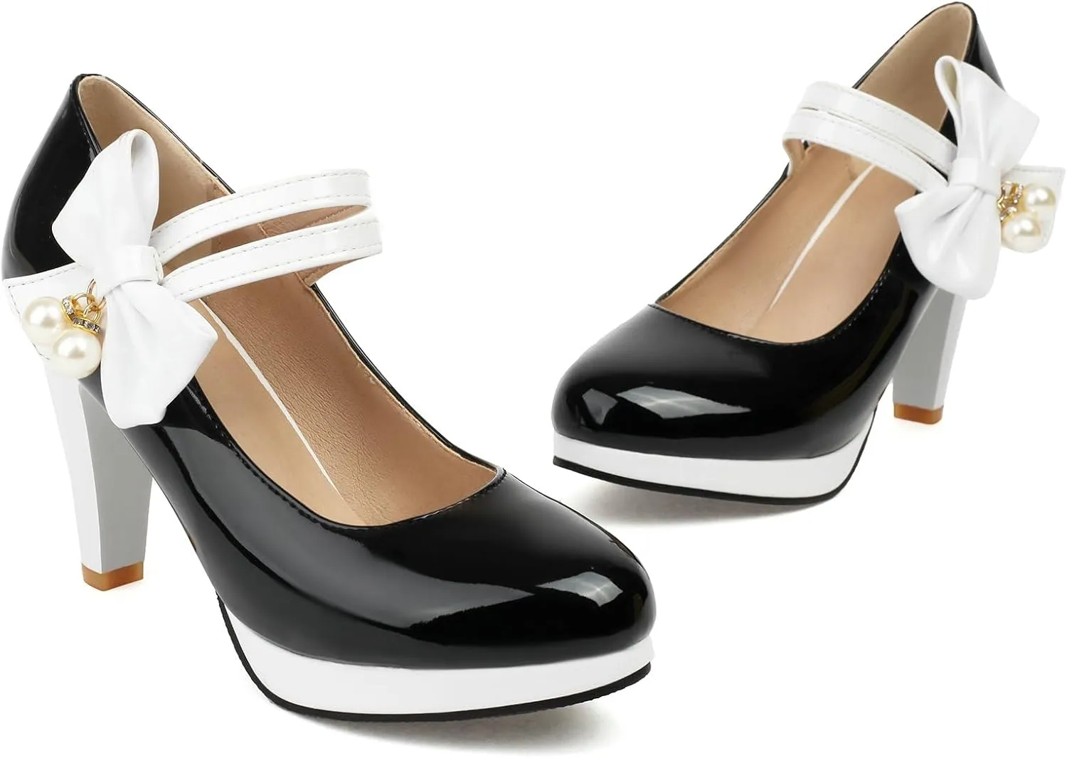 AIMODOR Mary Jane Shoes Women Block High Heel Round Toe Platform Sweet Bow Patent Leather Ankle Strap Dress Pumps Ladies