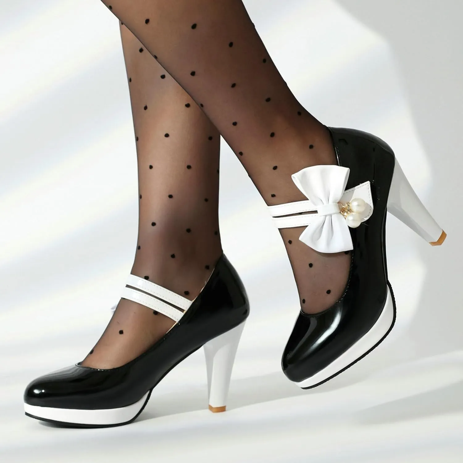 AIMODOR Mary Jane Shoes Women Block High Heel Round Toe Platform Sweet Bow Patent Leather Ankle Strap Dress Pumps Ladies