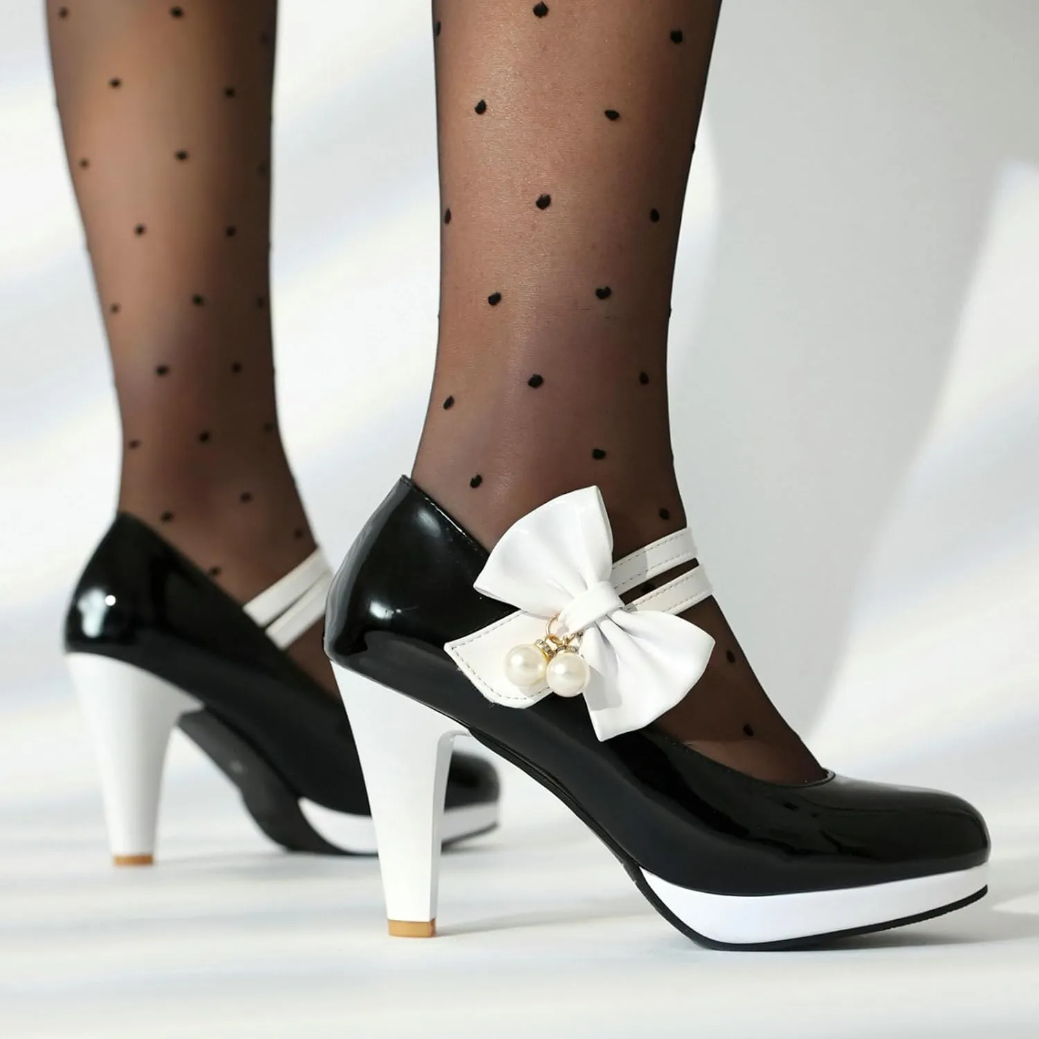 AIMODOR Mary Jane Shoes Women Block High Heel Round Toe Platform Sweet Bow Patent Leather Ankle Strap Dress Pumps Ladies