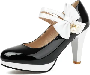 AIMODOR Mary Jane Shoes Women Block High Heel Round Toe Platform Sweet Bow Patent Leather Ankle Strap Dress Pumps Ladies