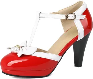 AIMODOR Womens Vintage Rockabilly T-Strap Mary Jane Shoes Heels Patent Platform Pumps with Bow