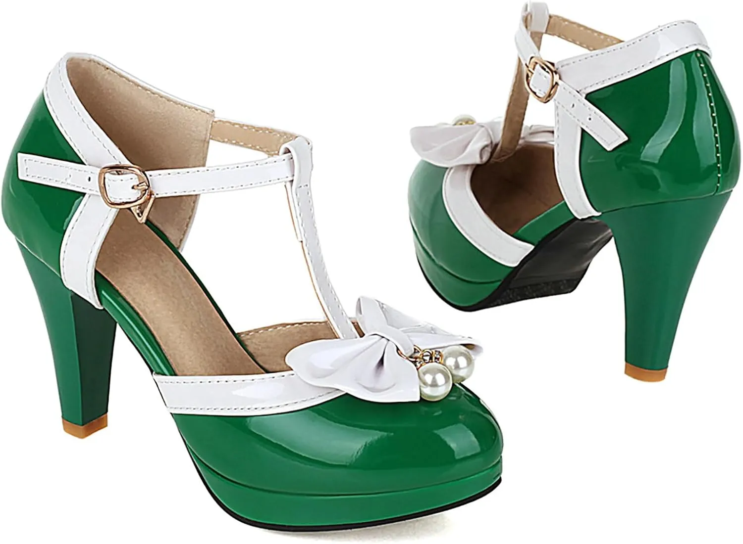 AIMODOR Womens Vintage Rockabilly T-Strap Mary Jane Shoes Heels Patent Platform Pumps with Bow